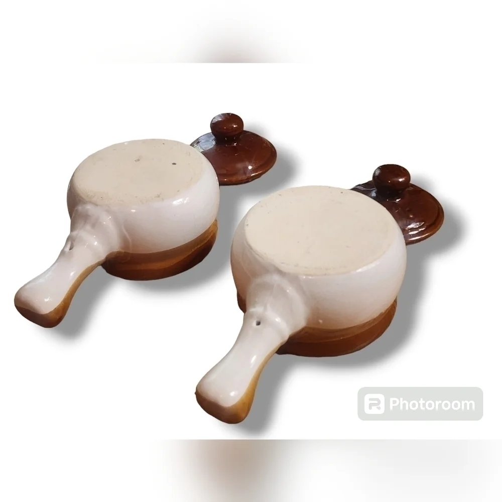 Vintage Brown Drip Stoneware Mini Crock W/ Lid & Handle Set of Two Soup